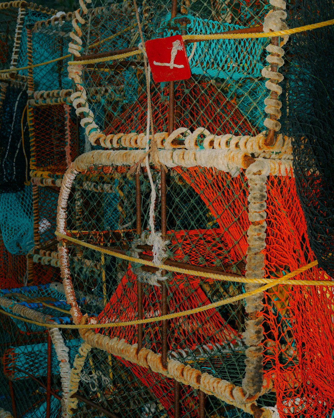 Creel netting in close-up, orange twine over steel frames